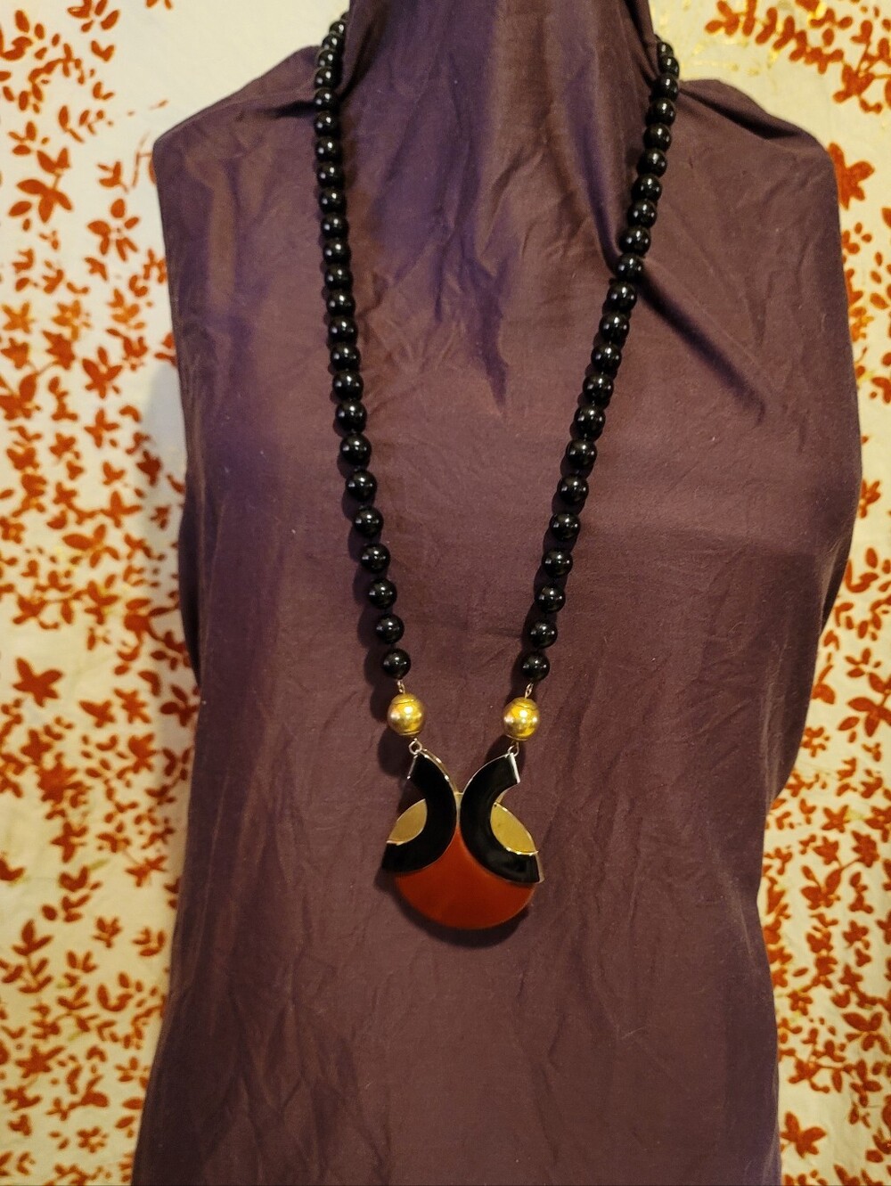 70's Era Red, Gold, And Black Metal Statement Necklace